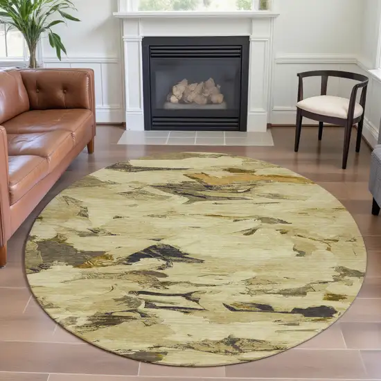 8' X 8' Gold Beige And Wheat Abstract Washable Round Rug With UV Protection Photo 4