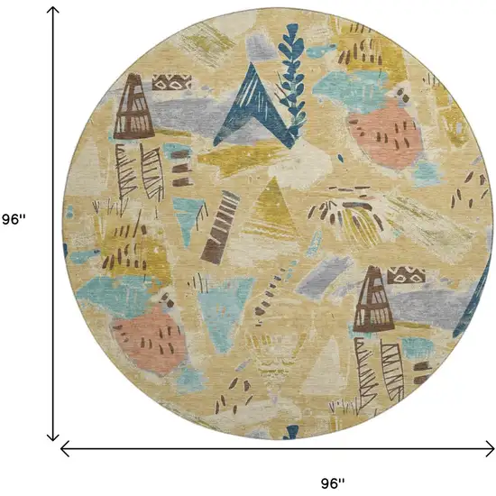 8' X 8' Gold Blue And Ivory Geometric Washable Round Rug With UV Protection Photo 9