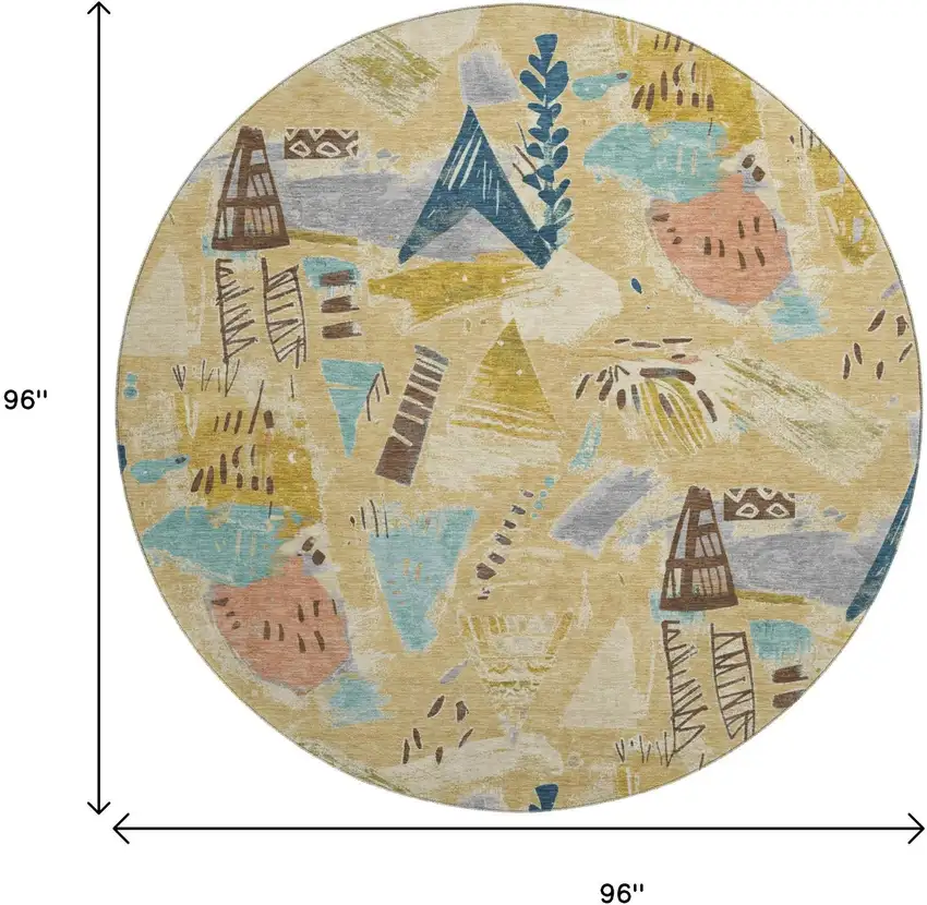 8' X 8' Gold Blue And Ivory Geometric Washable Round Rug With UV Protection Photo 9