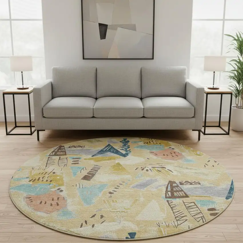 8' X 8' Gold Blue And Ivory Geometric Washable Round Rug With UV Protection Photo 2