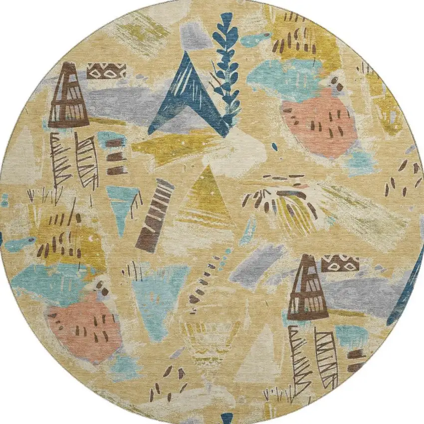 8' X 8' Gold Blue And Ivory Geometric Washable Round Rug With UV Protection Photo 2