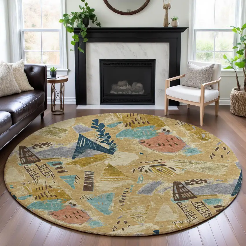 8' X 8' Gold Blue And Ivory Geometric Washable Round Rug With UV Protection Photo 4