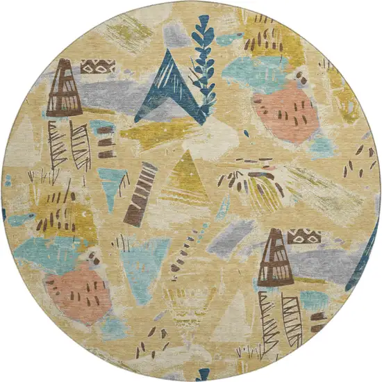 8' X 8' Gold Blue And Ivory Geometric Washable Round Rug With UV Protection Photo 1