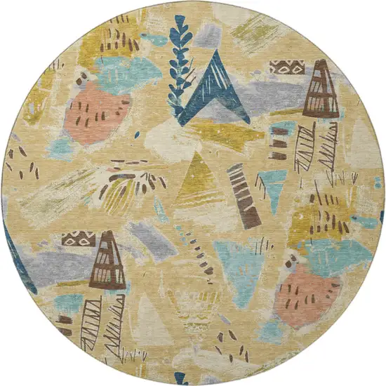 8' X 8' Gold Blue And Ivory Geometric Washable Round Rug With UV Protection Photo 3