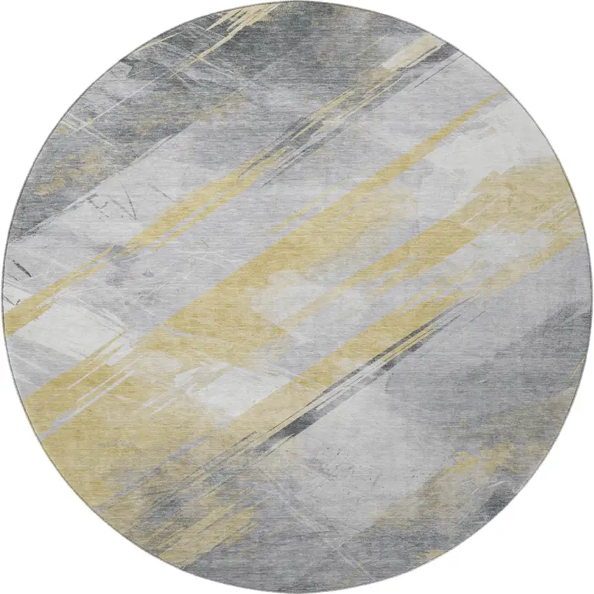 8' X 8' Gold Gray And Ivory Striped Washable Round Rug With UV Protection Photo 3