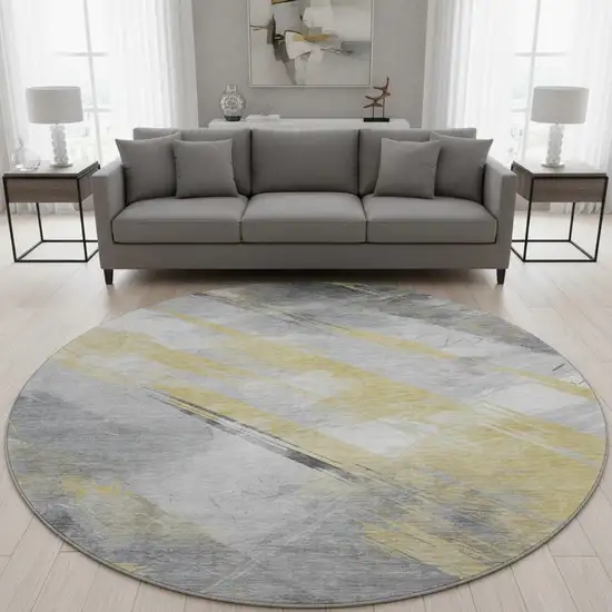 8' X 8' Gold Gray And Ivory Striped Washable Round Rug With UV Protection Photo 2