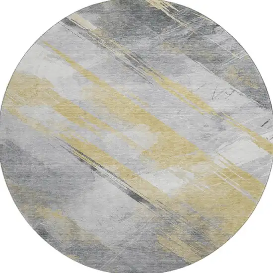 8' X 8' Gold Gray And Ivory Striped Washable Round Rug With UV Protection Photo 2