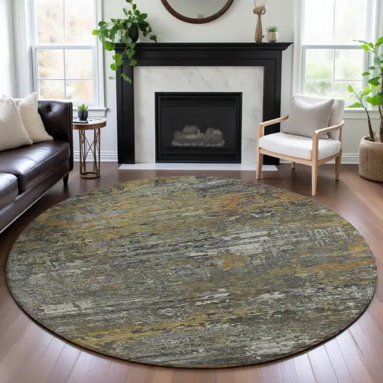 8' X 8' Gold Gray And Silver Abstract Washable Round Rug With UV Protection Photo 4