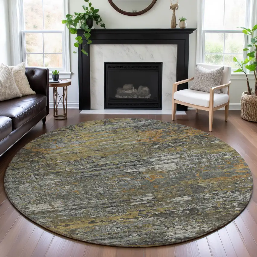8' X 8' Gold Gray And Silver Abstract Washable Round Rug With UV Protection Photo 4