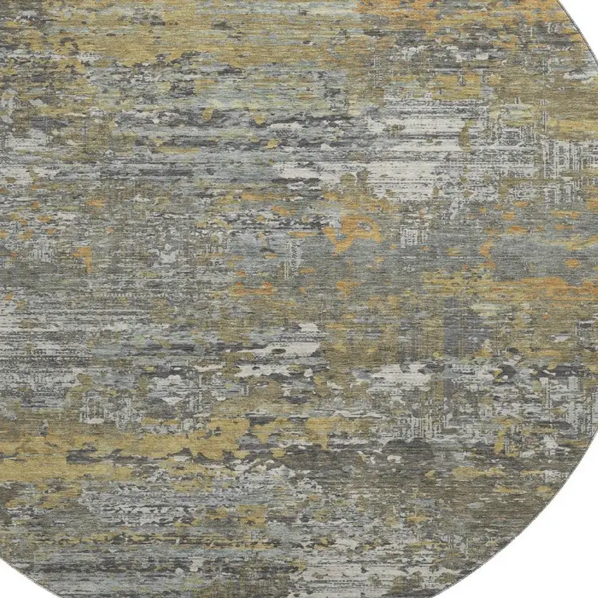 8' X 8' Gold Gray And Silver Abstract Washable Round Rug With UV Protection Photo 2