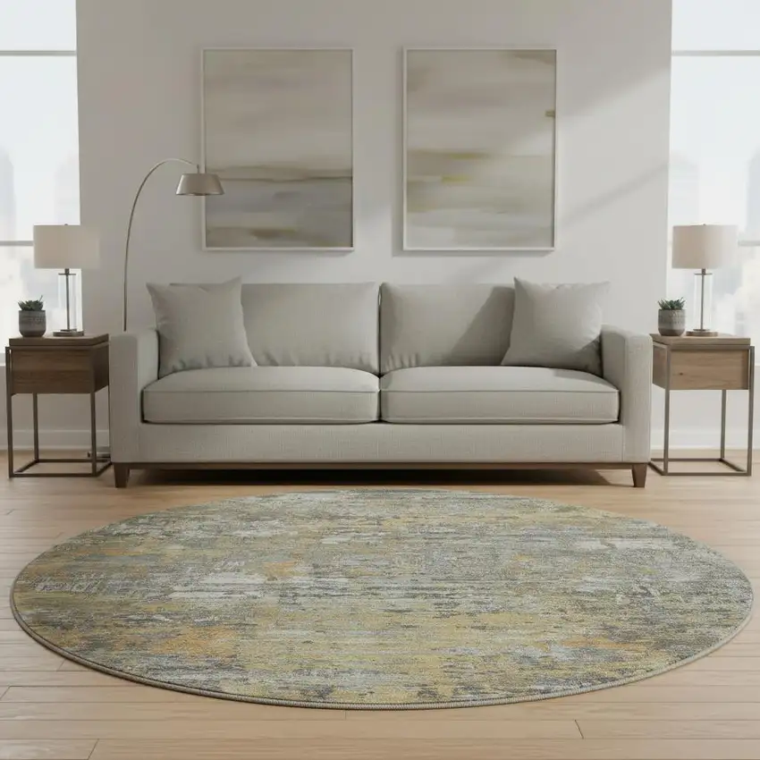 8' X 8' Gold Gray And Silver Abstract Washable Round Rug With UV Protection Photo 2