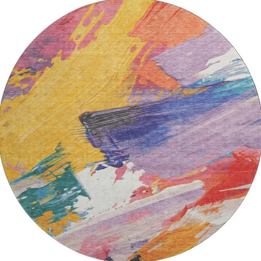 8' X 8' Gold Purple Teal And Red Abstract Washable Round Rug With UV Protection Photo 3