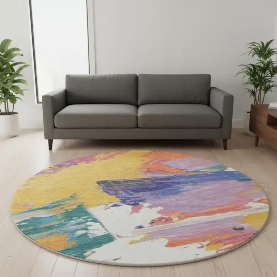 8' X 8' Gold Purple Teal And Red Abstract Washable Round Rug With UV Protection Photo 2