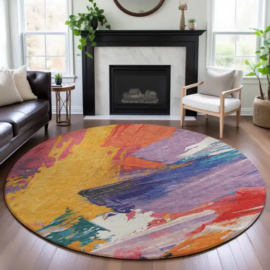 8' X 8' Gold Purple Teal And Red Abstract Washable Round Rug With UV Protection Photo 4