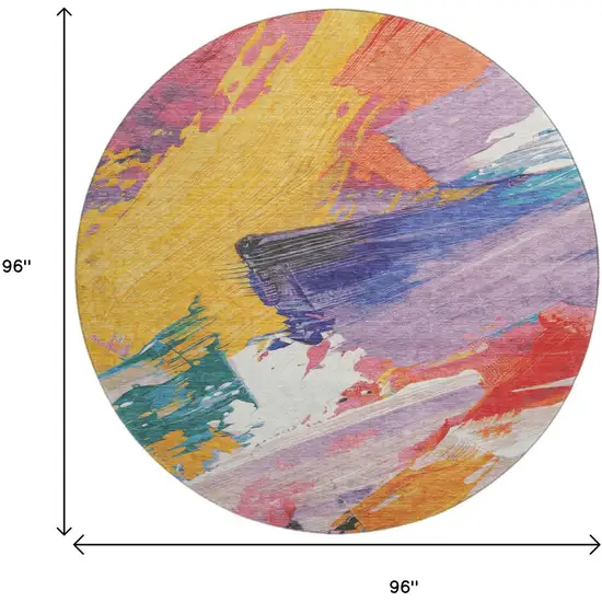 8' X 8' Gold Purple Teal And Red Abstract Washable Round Rug With UV Protection Photo 9