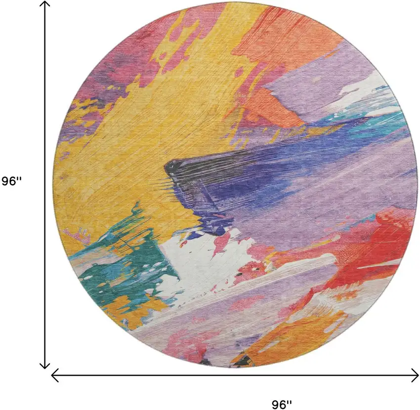 8' X 8' Gold Purple Teal And Red Abstract Washable Round Rug With UV Protection Photo 9