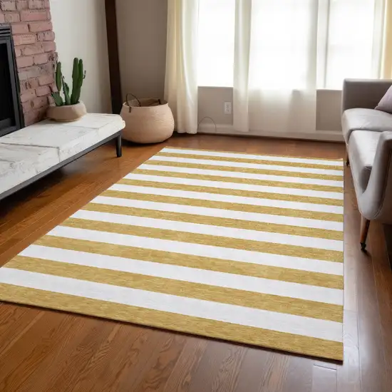 Gold Striped Washable Non Skid Indoor Outdoor Area Rug Photo 9