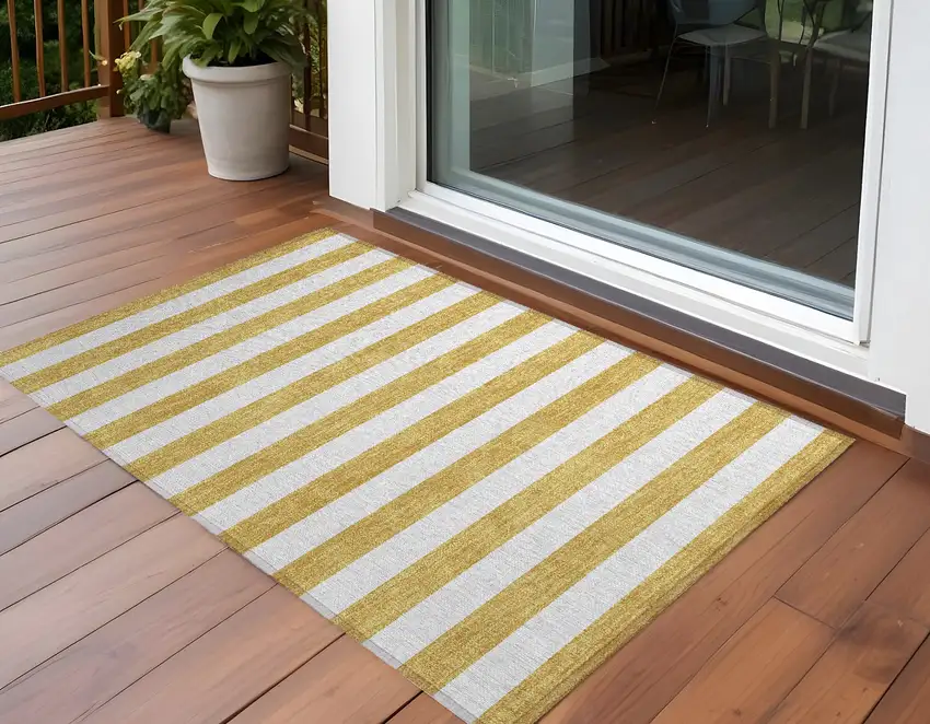 Gold Striped Washable Non Skid Indoor Outdoor Area Rug Photo 1