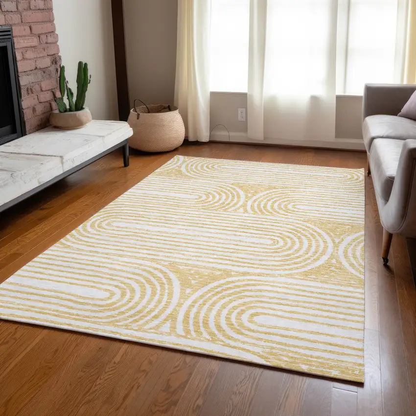 Gold and White Abstract Washable Non Skid Indoor Outdoor Area Rug Photo 9