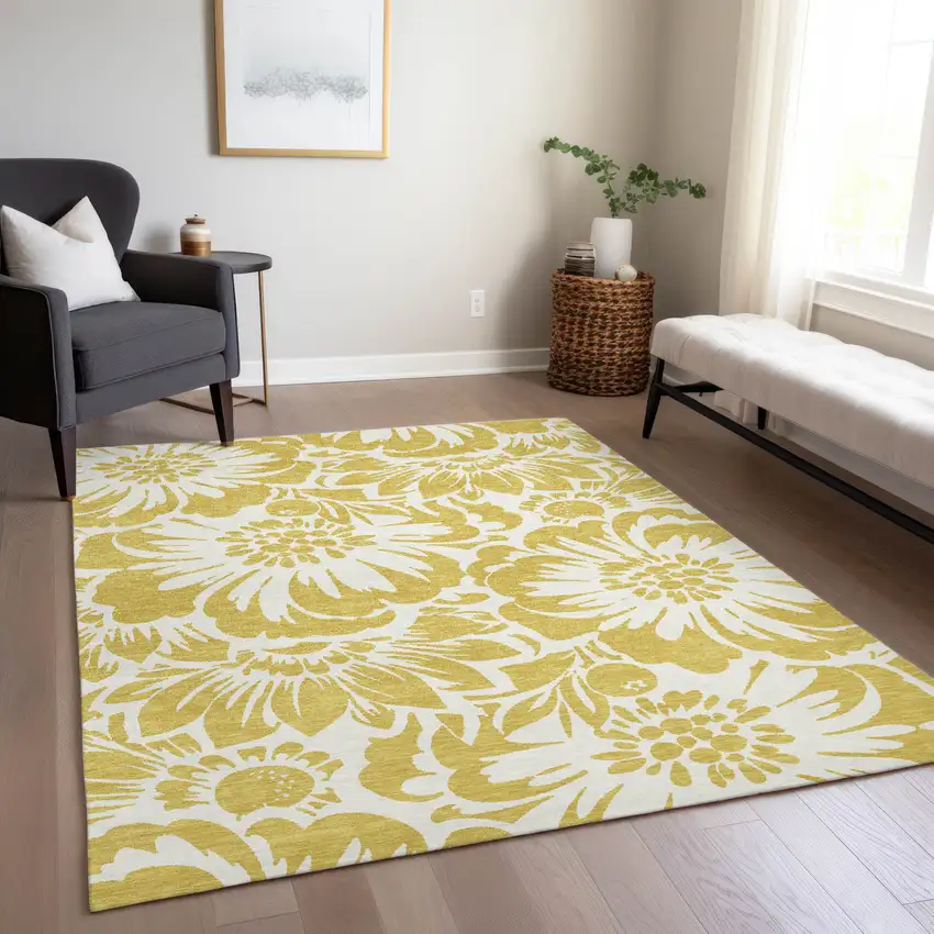 Gold and White Floral Washable Non Skid Indoor Outdoor Area Rug Photo 9