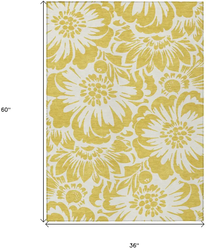 Gold and White Floral Washable Non Skid Indoor Outdoor Area Rug Photo 3