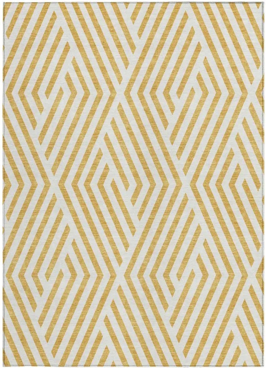 3' X 4' Gold and White Geometric Washable Non Skid Indoor Outdoor Area Rug Photo 2