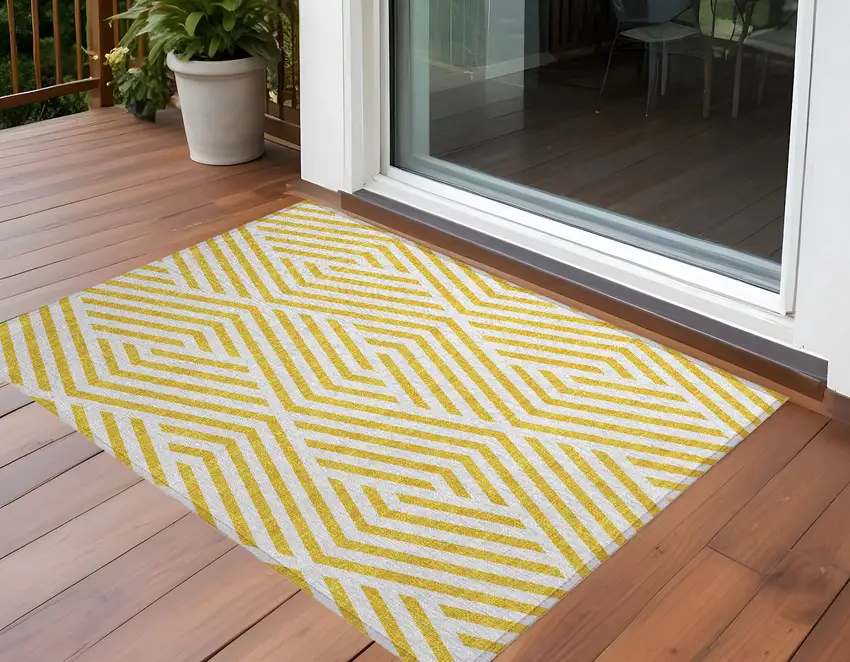 Gold and White Geometric Washable Non Skid Indoor Outdoor Area Rug Photo 1