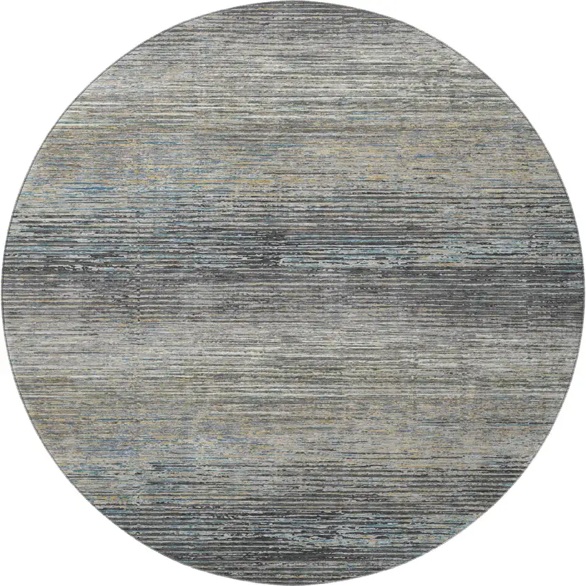 8' X 8' Granite Gray And Silver Striped Washable Round Rug With UV Protection Photo 3