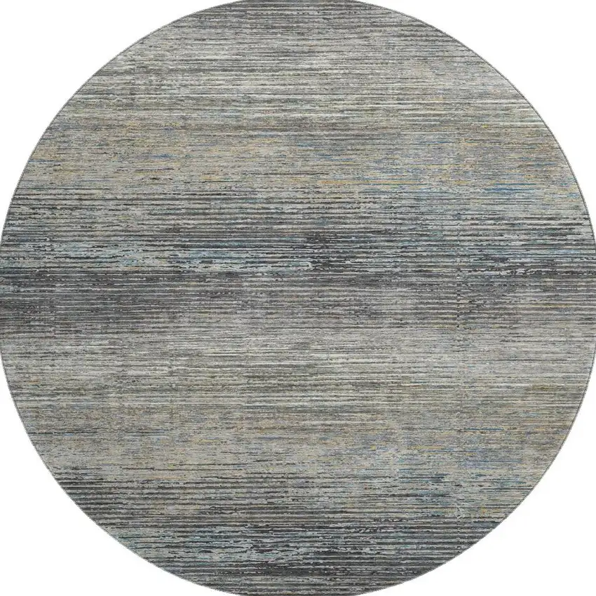 8' X 8' Granite Gray And Silver Striped Washable Round Rug With UV Protection Photo 2