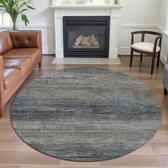 8' X 8' Granite Gray And Silver Striped Washable Round Rug With UV Protection Photo 4