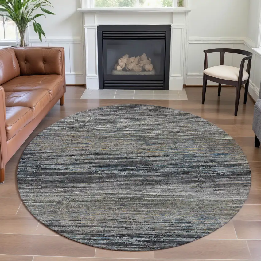 8' X 8' Granite Gray And Silver Striped Washable Round Rug With UV Protection Photo 4