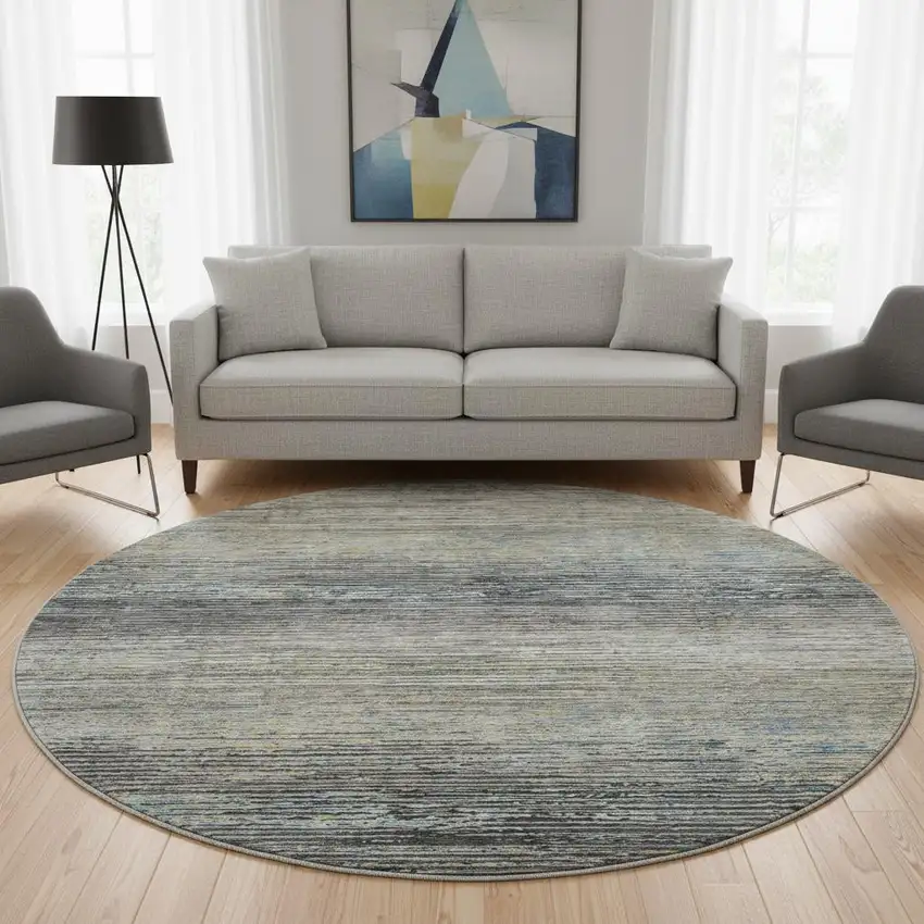 8' X 8' Granite Gray And Silver Striped Washable Round Rug With UV Protection Photo 2