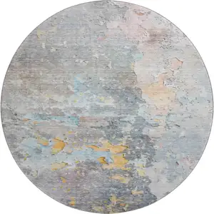 Photo of 8' X 8' Granite Gray Teal And Blush Abstract Washable Round Rug With UV Protection