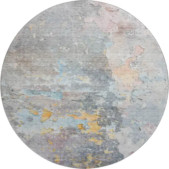 8' X 8' Granite Gray Teal And Blush Abstract Washable Round Rug With UV Protection Photo 1
