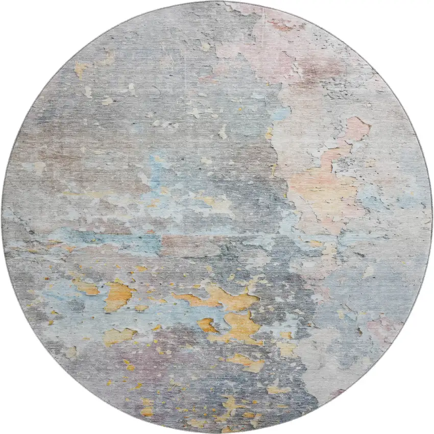 8' X 8' Granite Gray Teal And Blush Abstract Washable Round Rug With UV Protection Photo 1