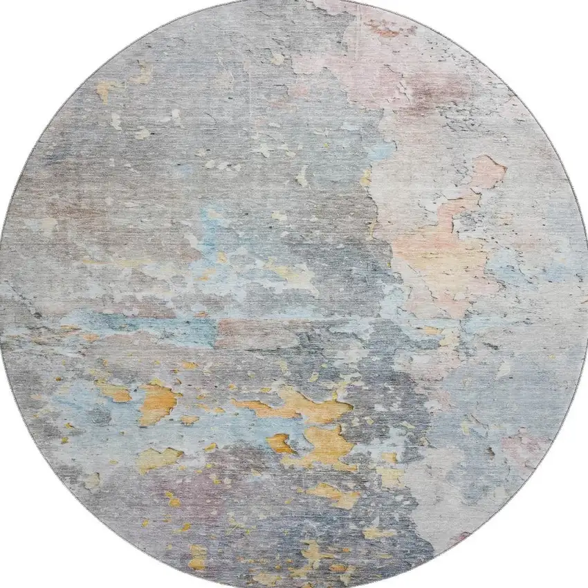 8' X 8' Granite Gray Teal And Blush Abstract Washable Round Rug With UV Protection Photo 3