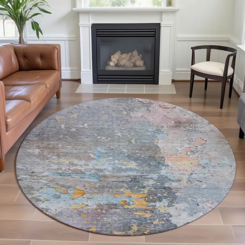 8' X 8' Granite Gray Teal And Blush Abstract Washable Round Rug With UV Protection Photo 4