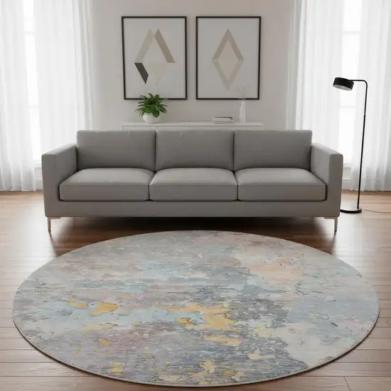 8' X 8' Granite Gray Teal And Blush Abstract Washable Round Rug With UV Protection Photo 2