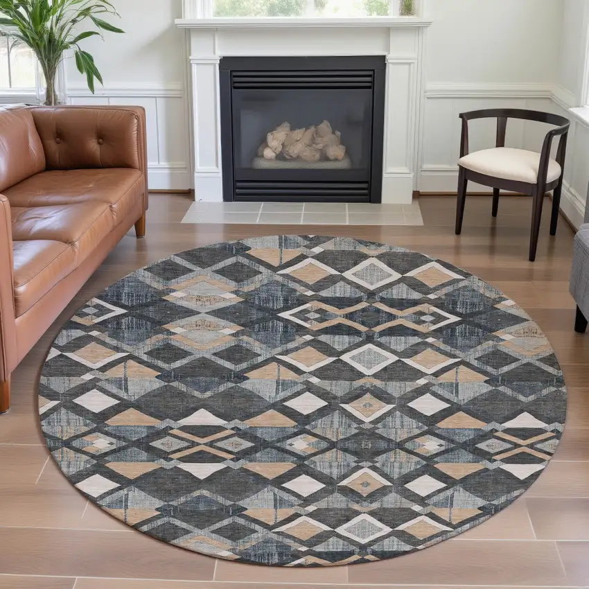8' X 8' Graphite Peach And Ivory Geometric Washable Round Rug With UV Protection Photo 4