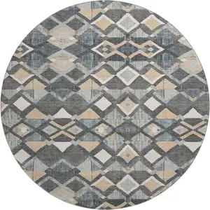Photo of 8' X 8' Graphite Peach And Ivory Geometric Washable Round Rug With UV Protection