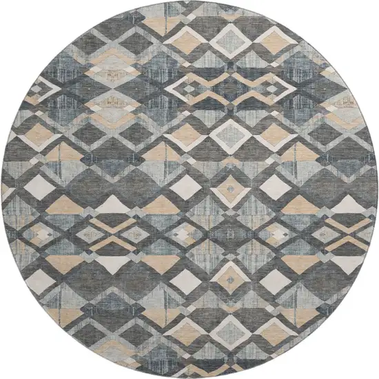 8' X 8' Graphite Peach And Ivory Geometric Washable Round Rug With UV Protection Photo 1