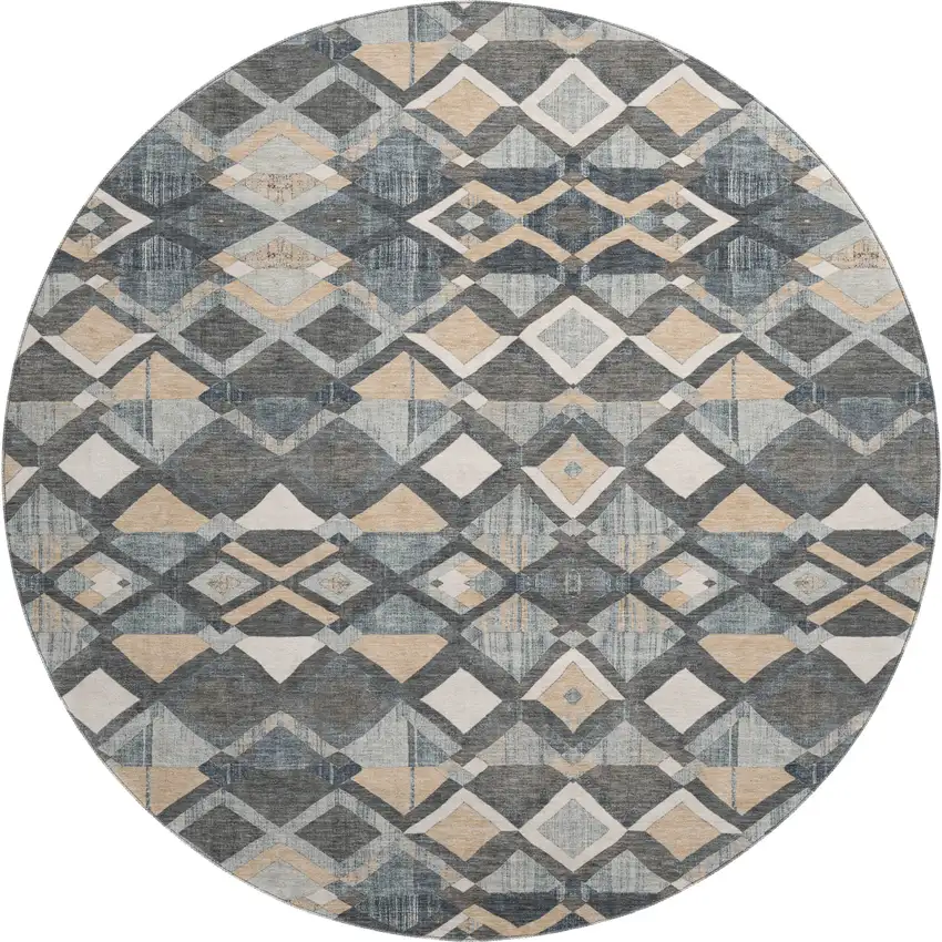 8' X 8' Graphite Peach And Ivory Geometric Washable Round Rug With UV Protection Photo 1