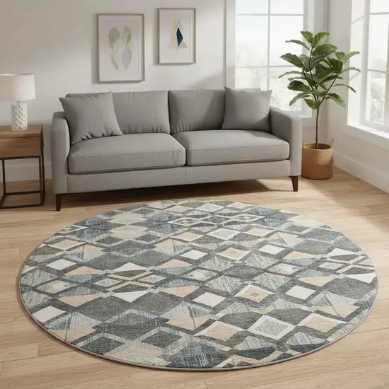 8' X 8' Graphite Peach And Ivory Geometric Washable Round Rug With UV Protection Photo 2