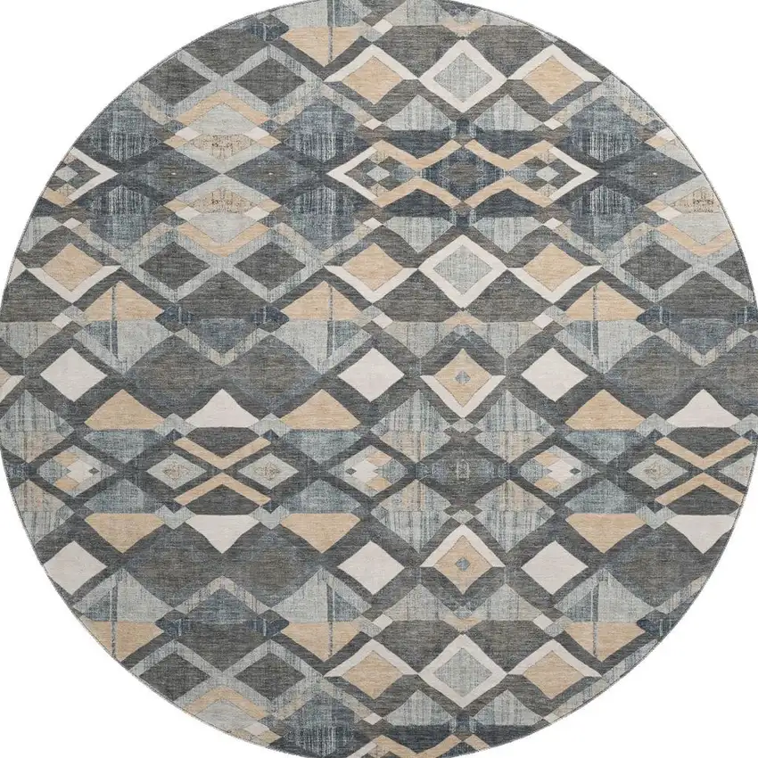 8' X 8' Graphite Peach And Ivory Geometric Washable Round Rug With UV Protection Photo 2