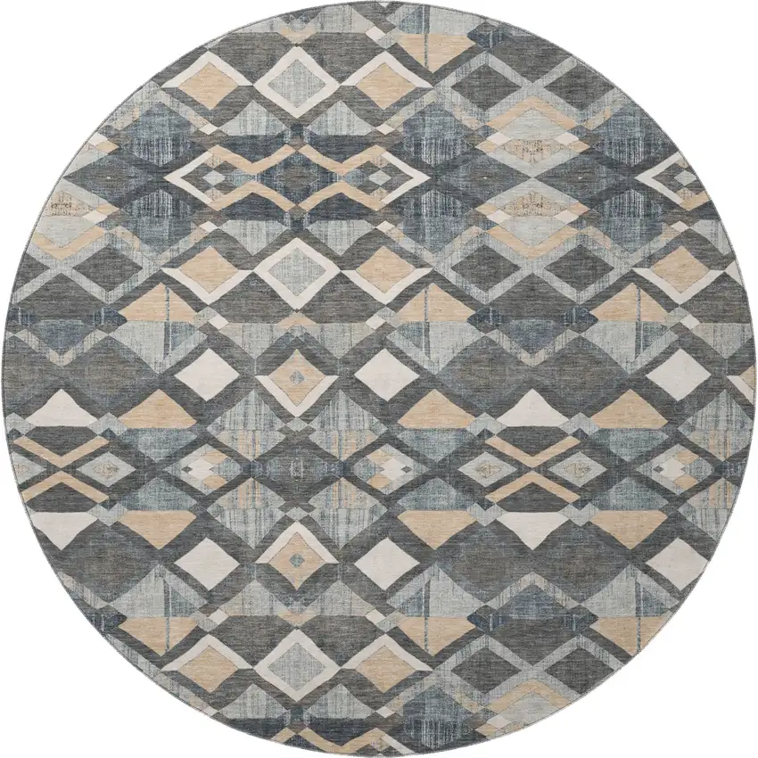 8' X 8' Graphite Peach And Ivory Geometric Washable Round Rug With UV Protection Photo 3