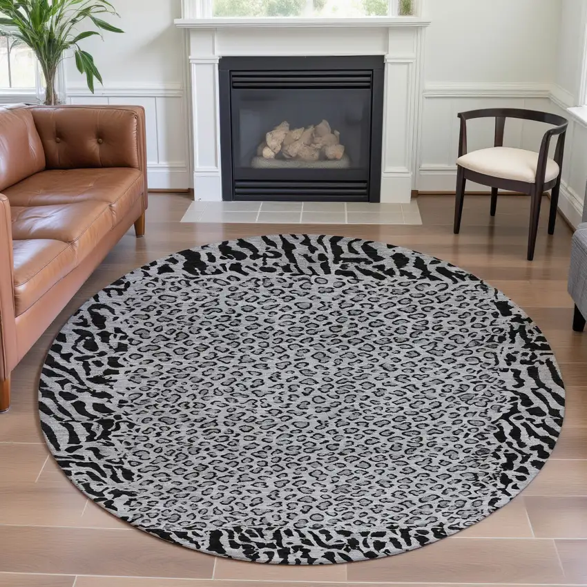 8' X 8' Gray And Black Animal Print Washable Round Rug With UV Protection Photo 4