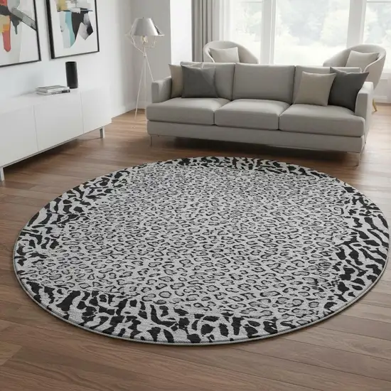 8' X 8' Gray And Black Animal Print Washable Round Rug With UV Protection Photo 2