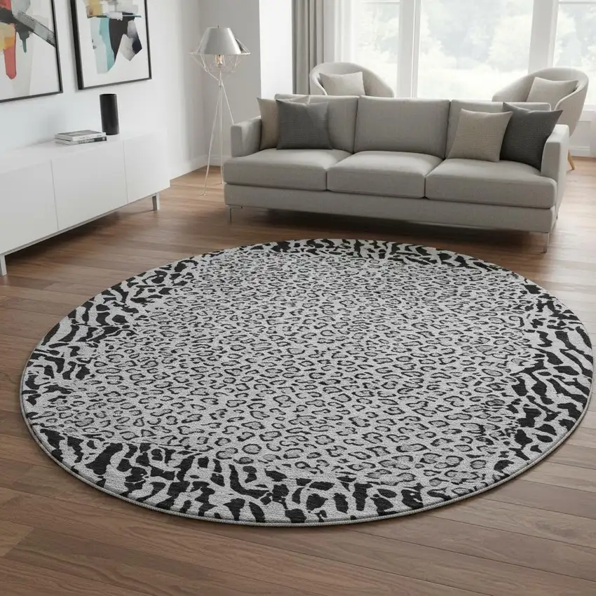 8' X 8' Gray And Black Animal Print Washable Round Rug With UV Protection Photo 2