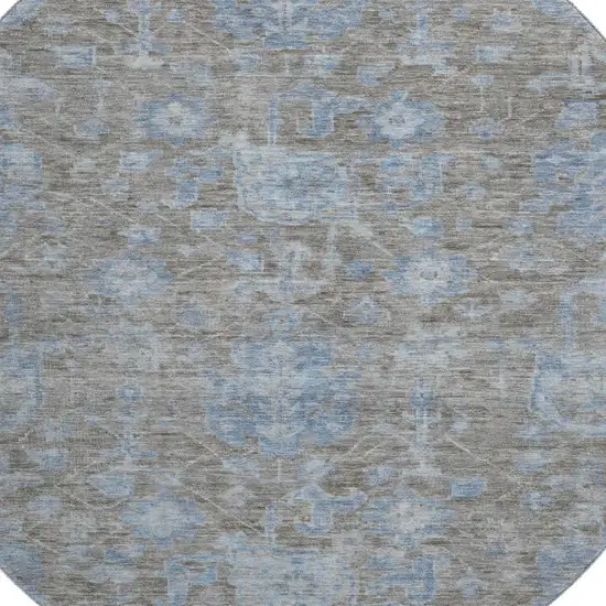 8' X 8' Gray And Blue Floral Washable Round Rug With UV Protection Photo 2