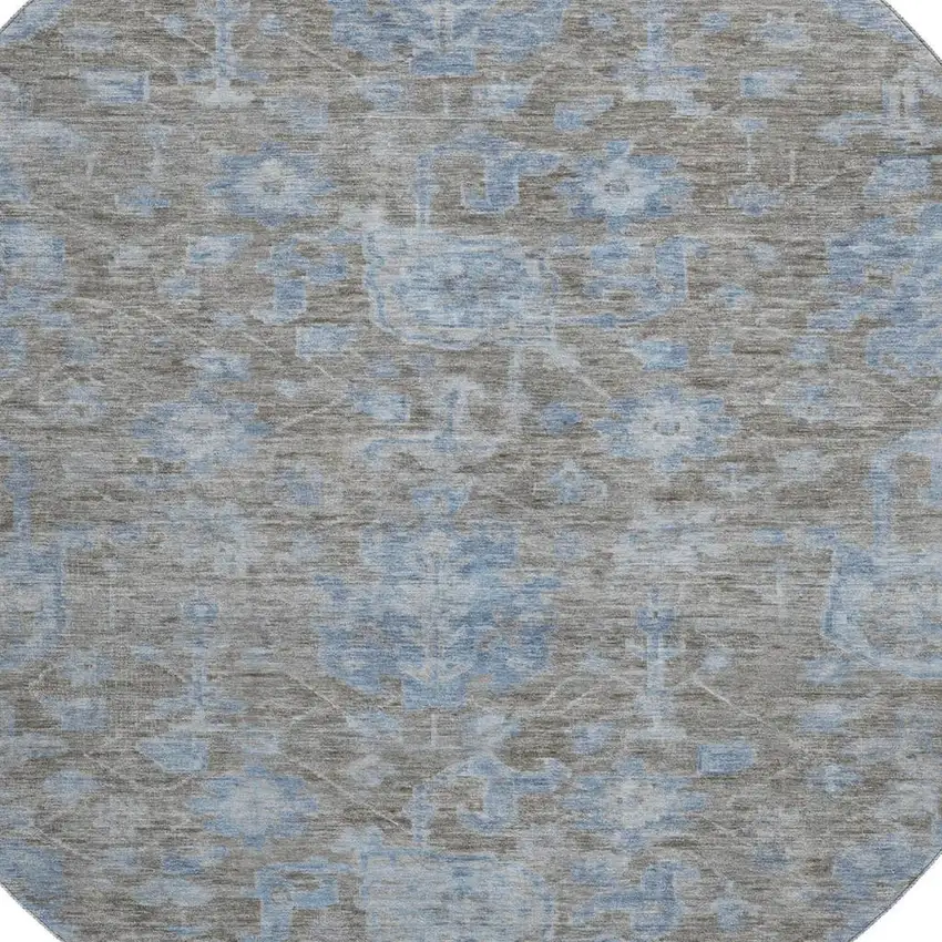 8' X 8' Gray And Blue Floral Washable Round Rug With UV Protection Photo 2